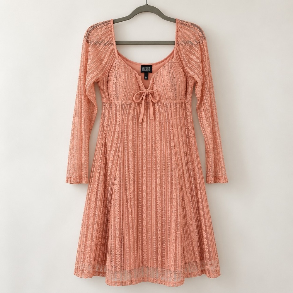 Pink Lace Dress LG Fairycore Romantic Y2K Cottagecore Tie Front Long Sleeve